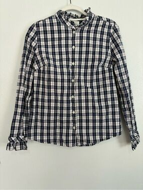 J. Crew Navy & White Plaid Ruffle Collar Button-Down